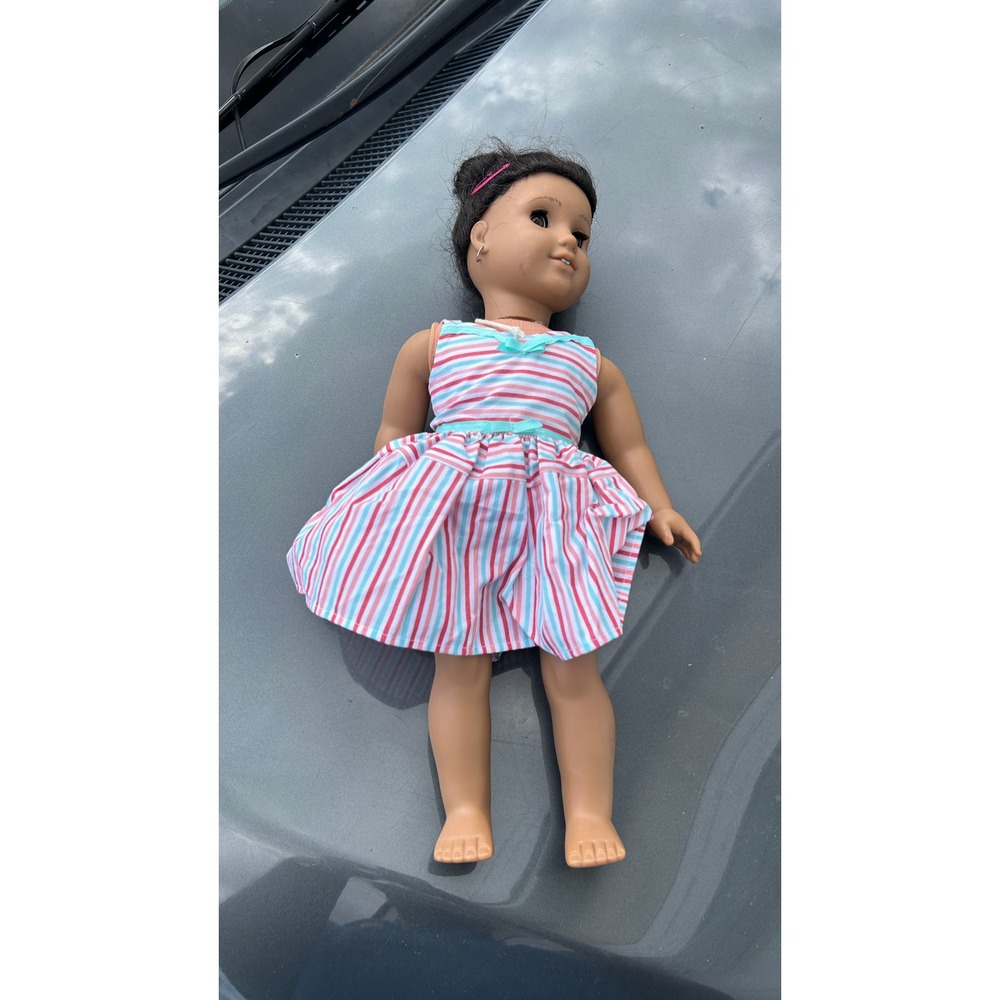 American Girl josefina Doll Brown Hair Brown Eyes Striped Dress Pierced Ears